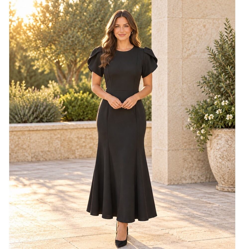 Calvin Klein Black Flutter Sleeve Mermaid Flounce Midi Dress 4 NWT Gold Zip $134